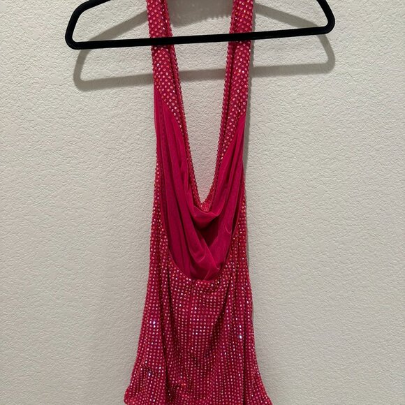 Oh Polly Raquel Embellished Extreme Cowl Neck Halter Mini Dress in Hot Pink - Picture 6 of 6
